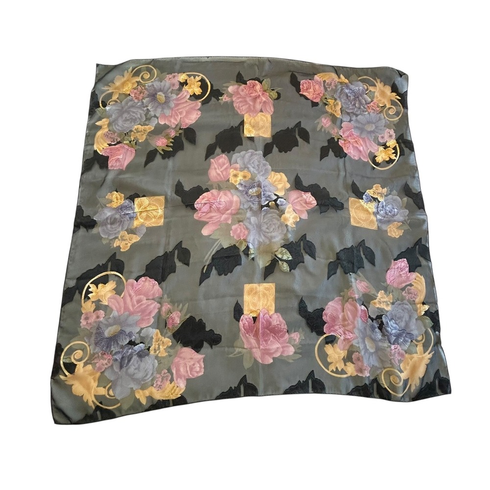 Liz Claiborne Vintage Floral Square Scarf 35" Sheer 90s Dark Flower Print Wrap